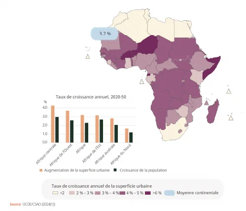 carte de la croissance annuelle des zones de bati des agglomérations urbaines africaines